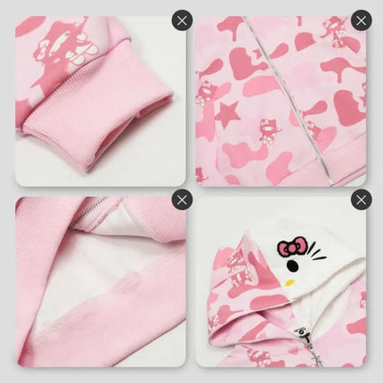 Anime Sanrioed Hello Kittys Zipper Hooded Sweater Girls Cartoon Y2K Couple Cardigan Anime Camouflage Jacket Coat Christmas Gift