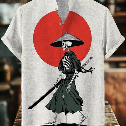 Men's short-sleeved shirt with samurai print and stylish ink painting design, summer casual men's top, trendy retro streetwear.