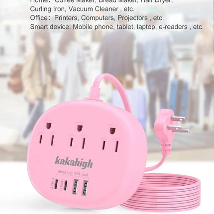 Pink USB C Power Strip - 5FT Extension Cord with 3 AC Outlets & 4 USB Ports, 1625W/24W, Compact Kawaii Desk Charging Station