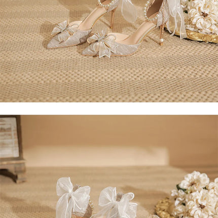 Spring Pointed Toe Party Wedding Shoes for Women, Bride Bow Thick Heel Silver Sequin Fairy Lolita Style Single Shoes