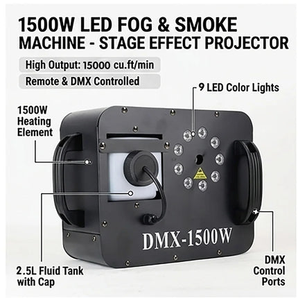 1500W Fog Smoke Machine RGB 9X3W LED Stage Fogger Effect DMX Remote Control DJ Equipment for Wedding Party Nightclub Disco