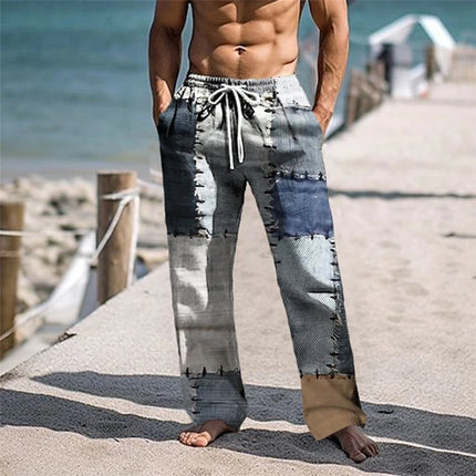 Plaid Color Block Men's Resort 3D Printed Casual Pants Trousers Elastic Waist Fit Straight-Leg Pant Summer Beach Pants