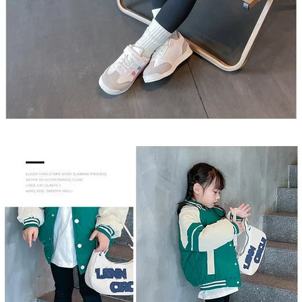 Children Sports Shoes Color Block Sewing Thread Hook Loop Round Toe Soft Soled Thick Flat Shoes Breathable Comfortable Non Slip