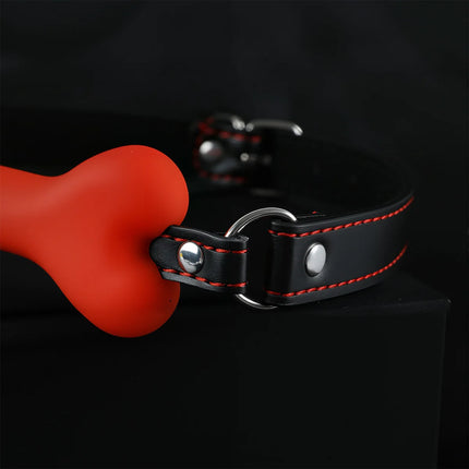 BDSM Silicone Bone Gag with Red Stitching Puppy Play Pet Play Role Play Adjustable Leather Strap Bondage Adult Toy for Couples