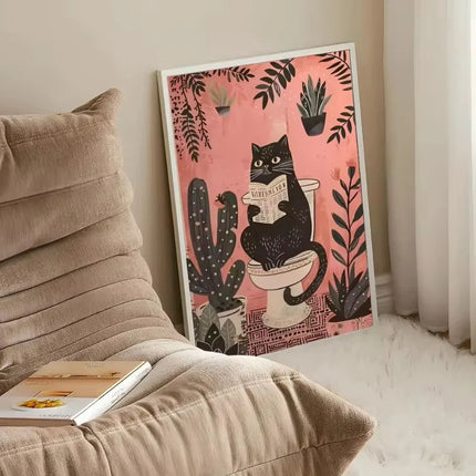 Pink Black Cat Dog Frog on The Toilet Reading Poster Bath Prints Animals Canvas Painting Wall Art Pictures for Toilet WC Decor