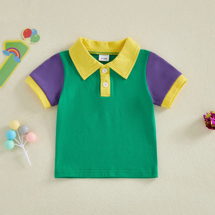 Toddler Boy Girl Mardigras Tops Contrast Short Sleeve Half Button-up Collared Shirts Casual Summer Spring Clothes