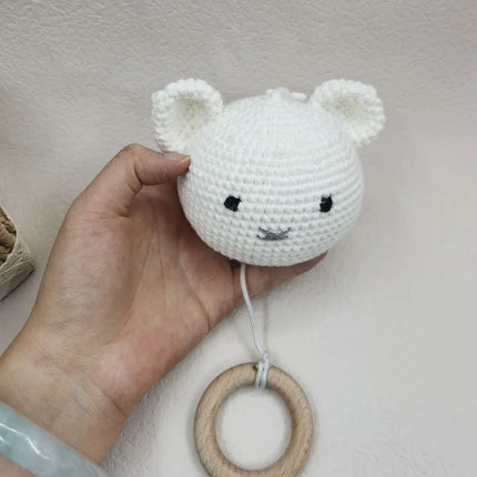 Handmade Crochet Bear Animal Head Knitting Rattle With Music DIY Baby Infant Newborn Teether Sensory Toy