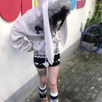 Harajuku Casual Rabbit's Ears Cute Hoodies Women Y2k Aesthetic Loose Printing Vintage Coats Streetwear Zipper Grunge Sweatshirts