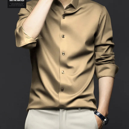 6XL Men Shirt Long Sleeve Slim Fit Luxury Smooth Soft Anti-wrinkle Non-ironing Solid Color Ice Silk Shirts Men Long Sleeve