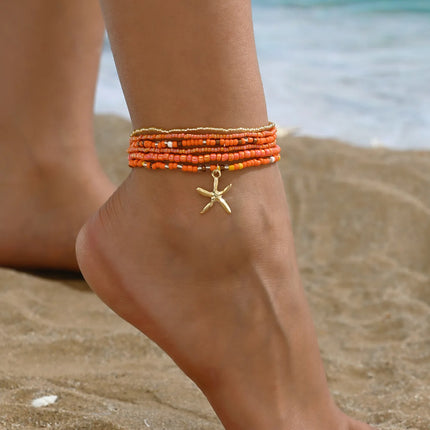 Multilayer Bohemia Rice Bead Anklet Set for Women Fashion Starfish Pendant Anklets Summer Sandy Beach Ankle Chain on Leg Jewelry