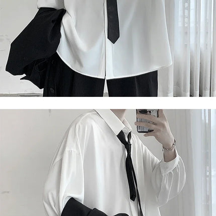Korean Style Men's Long-sleeved Shirts Black Tie Cozy Casual Solid Oversize Blouses Breathable Loose Shirt Harajuku Male Clothes