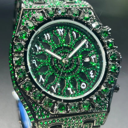 MISSFOX Hip Hop Wristwatch For Men Luxury lce Out Full Diamond Watches Fashion Green Watch Wterproof Week Display Clock 2025
