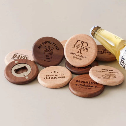 Personalised Logo Round Wooden Beer Bottle Opener with Magnetic Fridge Magnet, Wedding Gift