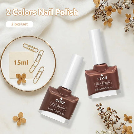 2Pcs/Set 15ml Red Brown Glass Bottle Gel Nail Polish Set NoWipe Top Soak Off UV LED Nail Lacquer Glitter Color Art Nail Polish