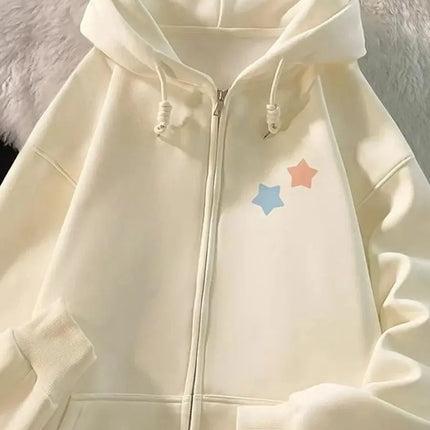 Cute Star Print Zipper Hooded Jacket Spring And Autumn Thin Collection Fashion Trends Versatile Casual Lazy Wind Sweatshirt Girl