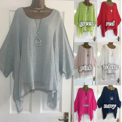 2024 Women's T-shirts Plus Size 5XL T-Shirt Linen O Neck Casual Loose Shirt Summer Autumn New Solid Batwing Long Sleeve