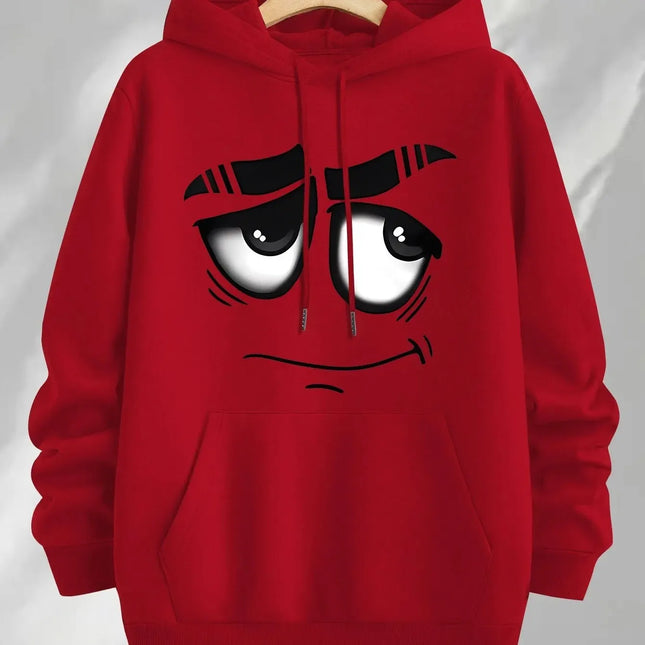 Men Women Gray Pullover Hoodie Viral Sad Cartoon Meme Face Big Eyes Graphic Casual Daily Teen Streetwear Top