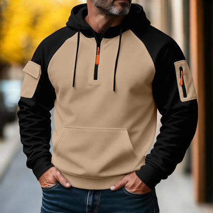 Spring and Autumn Men's Fashionable workwear casual sporty zipper long-sleeved hooded pullover with multiple pockets