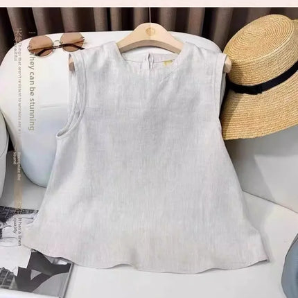 Loose Cotton Linen Vest Women's Summer New Plus Size Fat MM Outerwear Inner Match Svel T-shirt Top Versatile Round Neck