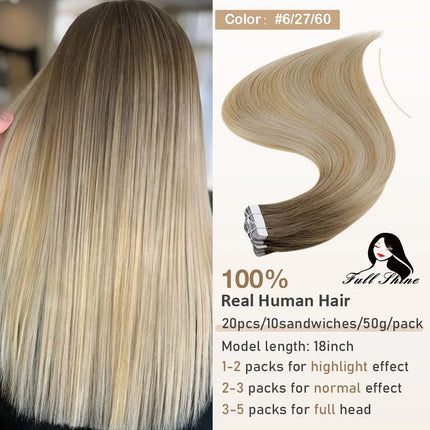 Full Shine Tape In Hair Extensions Human Hair 100% Remy Natural Human Hair Seamless Skin Weft Seamless Color Glue For Women
