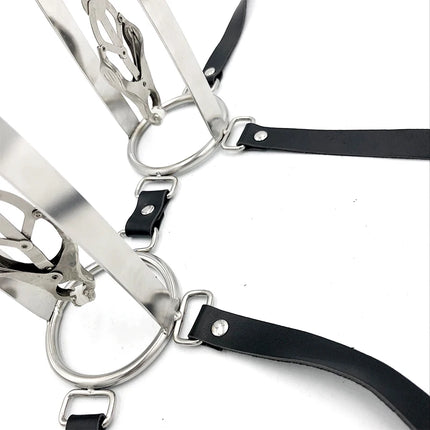 Female Metal Stainless Steel Nipple Clips Clamps With Wearable Leather Belt Breast Stretching Device Adults Bondage Sex Toy