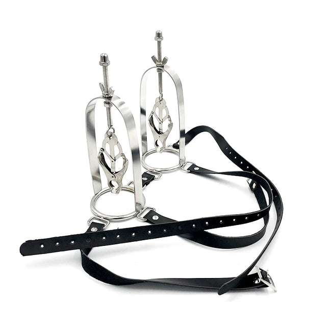 Female Metal Stainless Steel Nipple Clips Clamps With Wearable Leather Belt Breast Stretching Device Adults Bondage Sex Toy