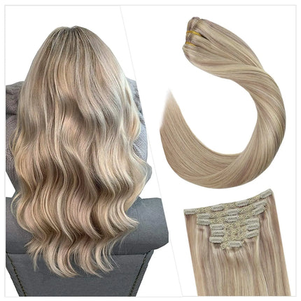[16 Colors] Ugeat Clip in Hair Extensions Human Hair 14-22" Double Weft Remy Hair Full Head Clip in Extensions for Woman 7Pcs